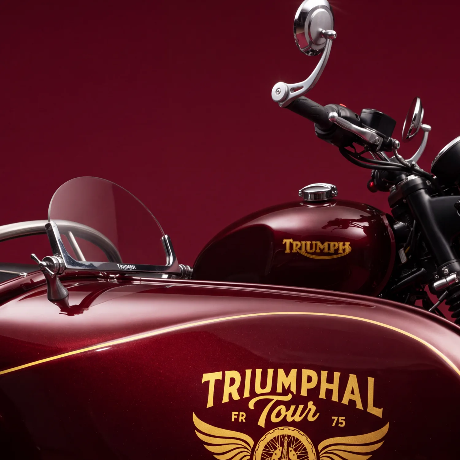 Gros plan sur la nacelle rouge et le réservoir Triumph d'un side-car Triumphal Tour