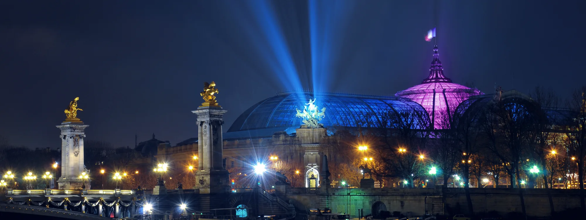 Le Grand Palais et le pont Alexandre III illuminés la nuit