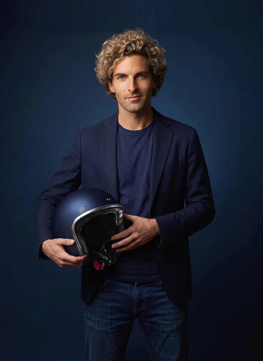 Antoine, pilote Triumphal Tour, casque bleu nuit à la main