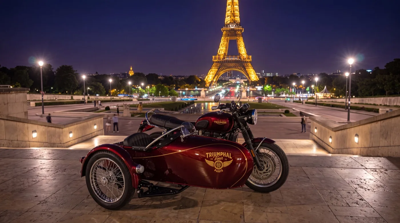 Side-car Triumph au Trocadéro, face à la Tour Eiffel illuminée
