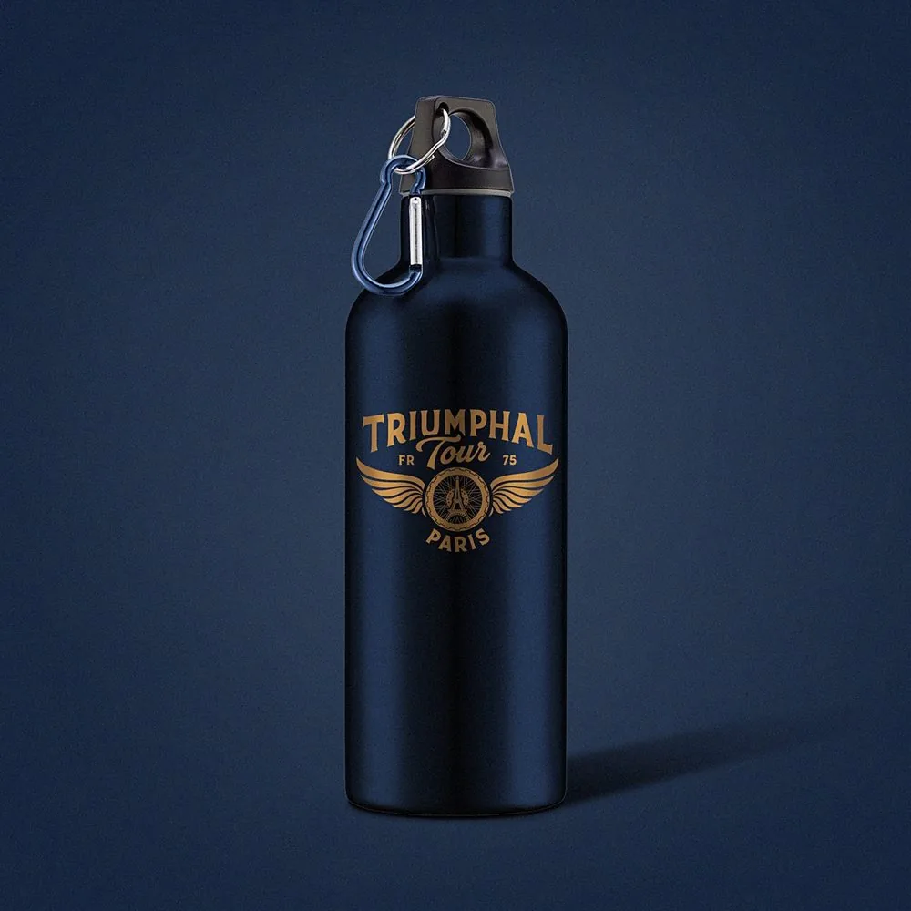 Tumbler bleu nuit Triumphal Tour, logo or et mousqueton