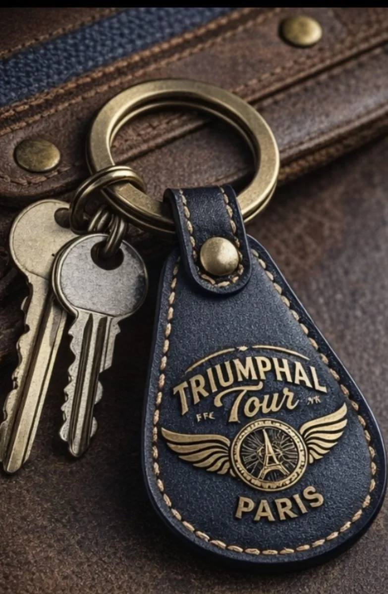 Porte-clés en cuir bleu nuit Triumphal Tour, logo doré embossé