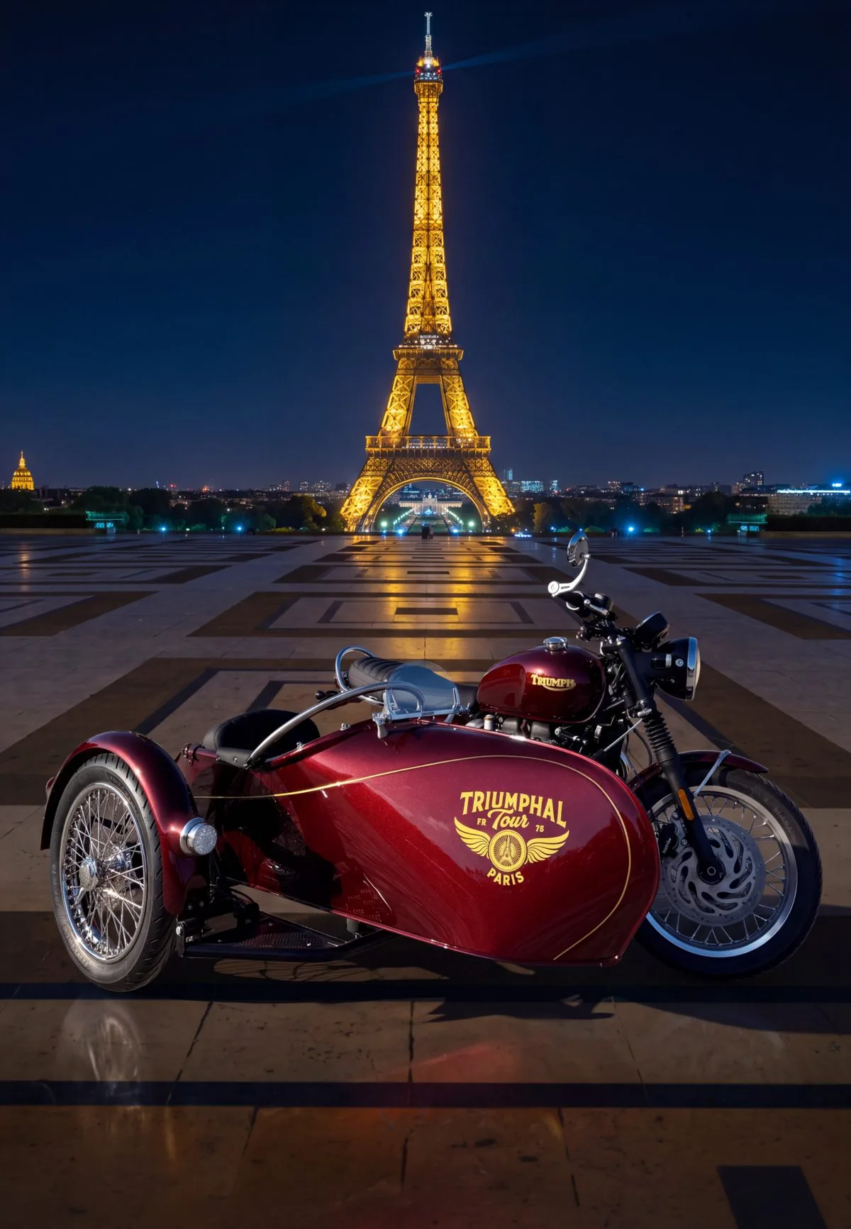 Side-car Triumph rouge au Trocadéro face à la Tour Eiffel illuminée